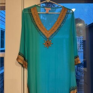 Turquoise and Gold Embroidered Silk Tunic